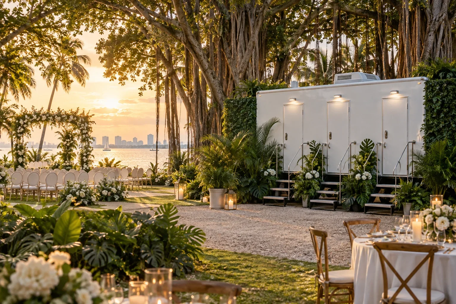 A clean luxury restroom trailer serving an elegant outdoor celebration for Special Events & Outdoor Weddings in Coconut Grove, FL.