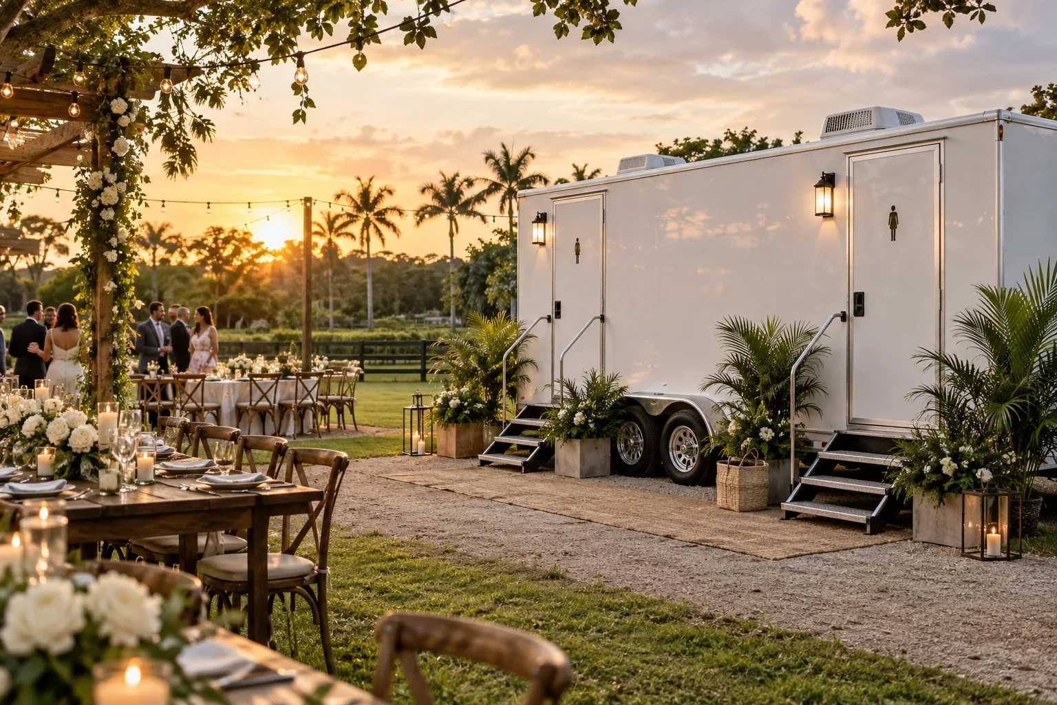 A clean luxury restroom trailer serving an elegant outdoor celebration for Special Events & Outdoor Weddings in Homestead, FL.