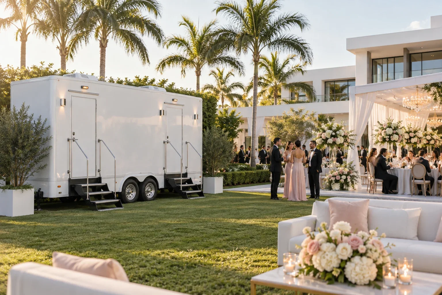 A clean luxury restroom trailer serving an elegant outdoor celebration for Special Events & Outdoor Weddings in Doral, FL.