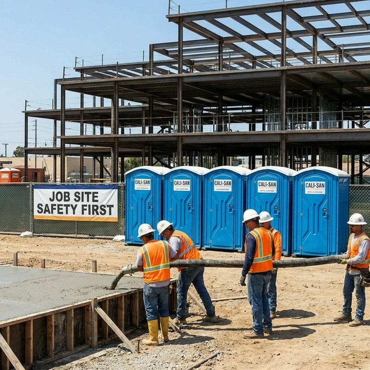 Construction panels separating equipment and work areas with construction toilets and fencing service in Hollywood, FL.