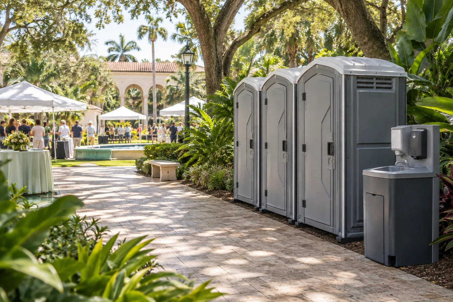 Clean portable restrooms and a handwashing station arranged near an outdoor event for Special Events & Outdoor Weddings near me in Coral Gables, FL.