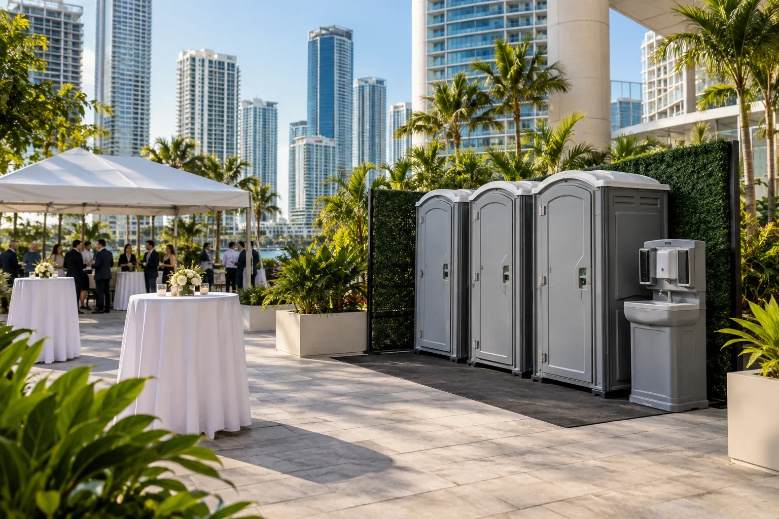 Clean portable restrooms and a handwashing station arranged near an outdoor event for Special Events & Outdoor Weddings near me in Brickell, FL.