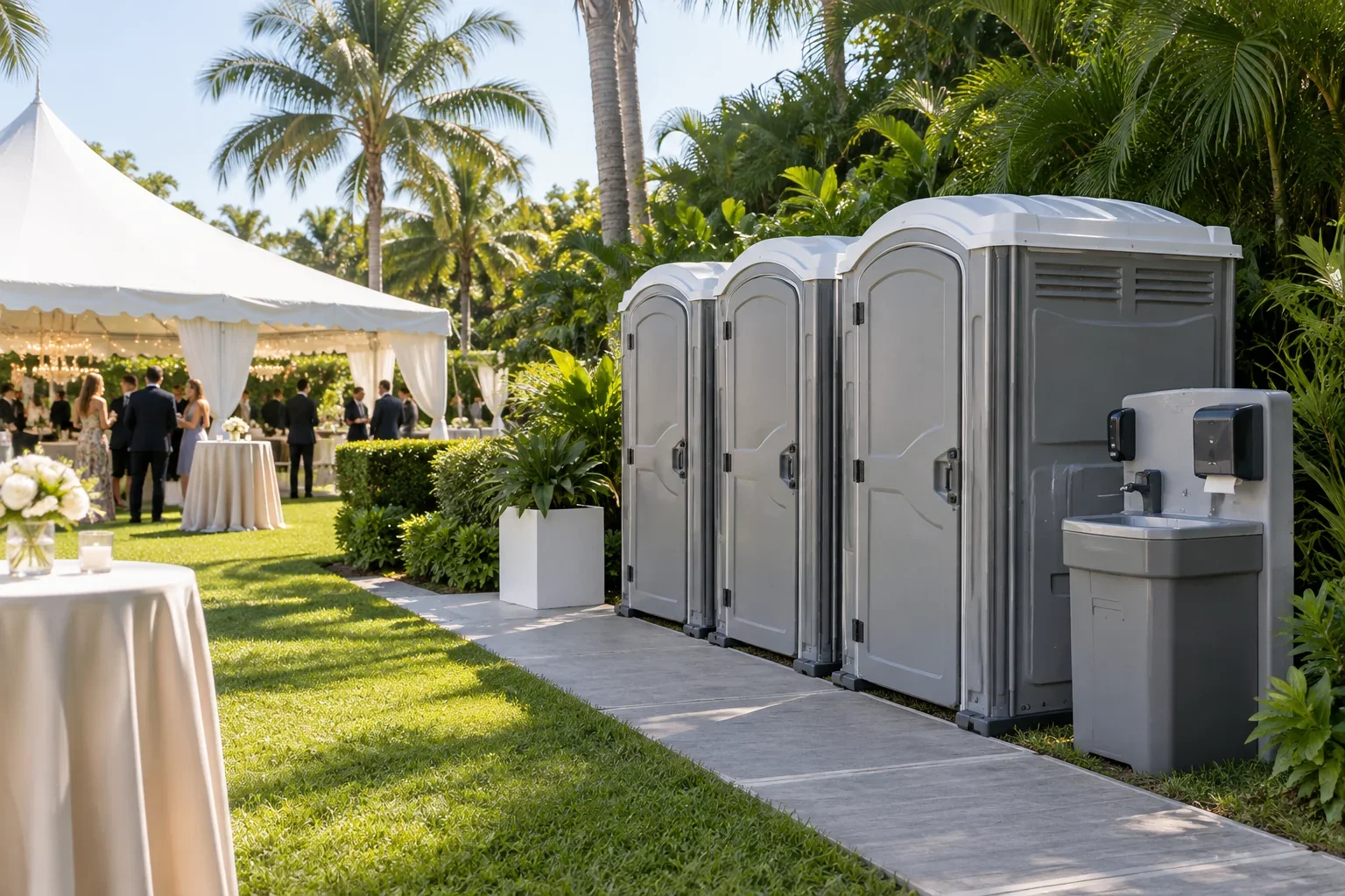 Clean portable restrooms and a handwashing station arranged near an outdoor event for Special Events & Outdoor Weddings near me in Pinecrest, FL.