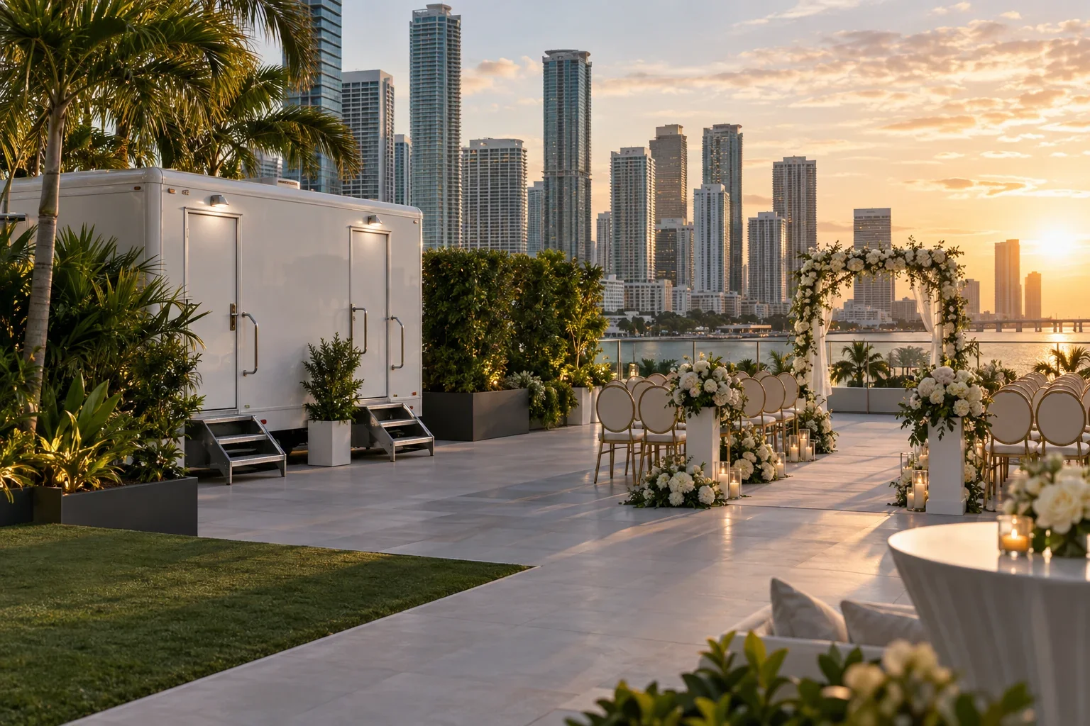 A clean luxury restroom trailer serving an elegant outdoor celebration for Special Events & Outdoor Weddings in Brickell, FL.