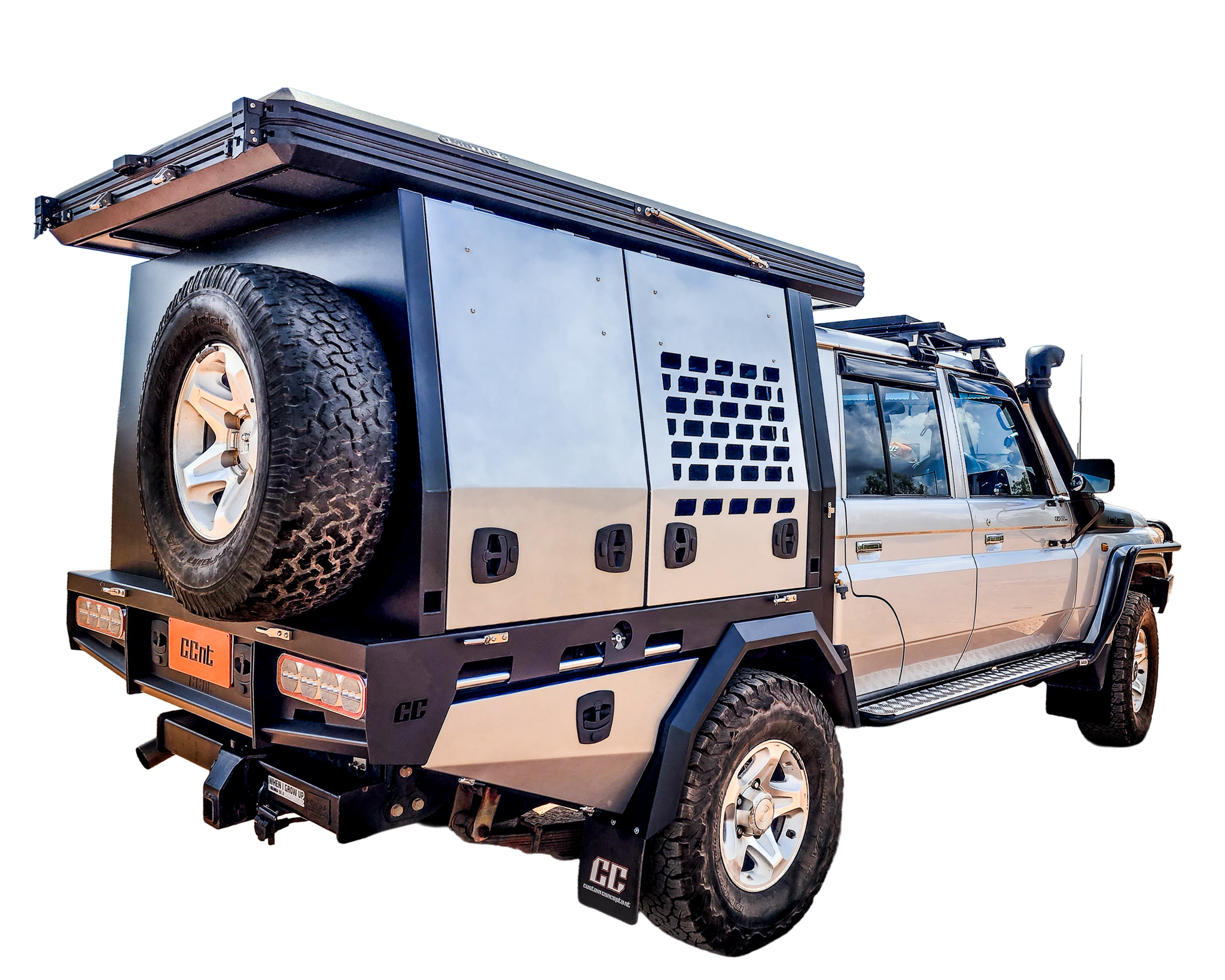 Canopy setup beside river – dual-purpose tradie and adventure build Brisbane