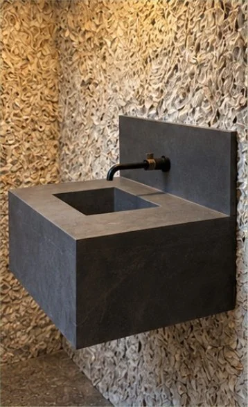 Jetty Stone Dark Palmetto Block sink mounted to the wall with matching backsplash