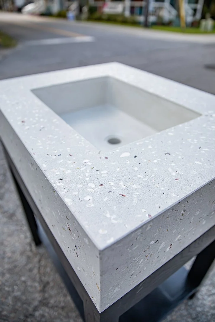 Close view of exposed shell in a Palmetto Block sink and its integral basin