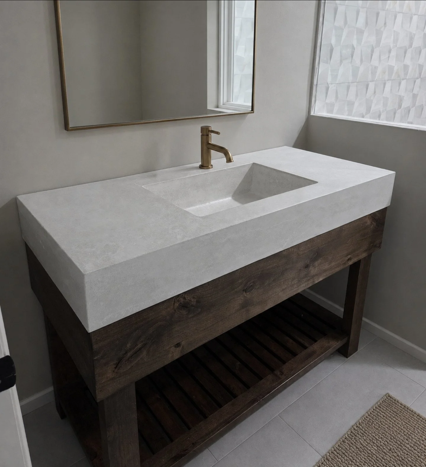 Lowtide White drop-edge vanity installed on a wood base