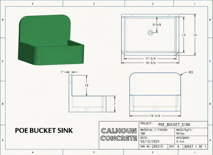 Calhoun Bucket Sink dimension drawing showing the basin and integrated backsplash