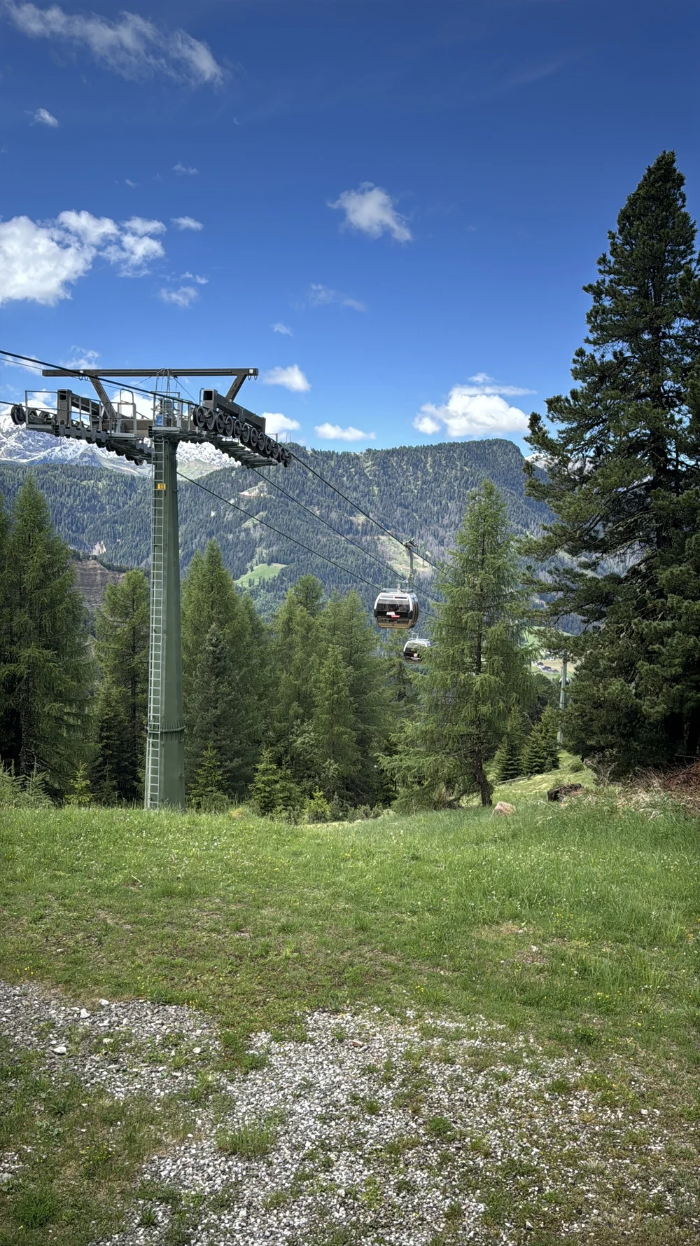Seceda gondolas crossing a green alpine meadow beneath a bright blue sky.