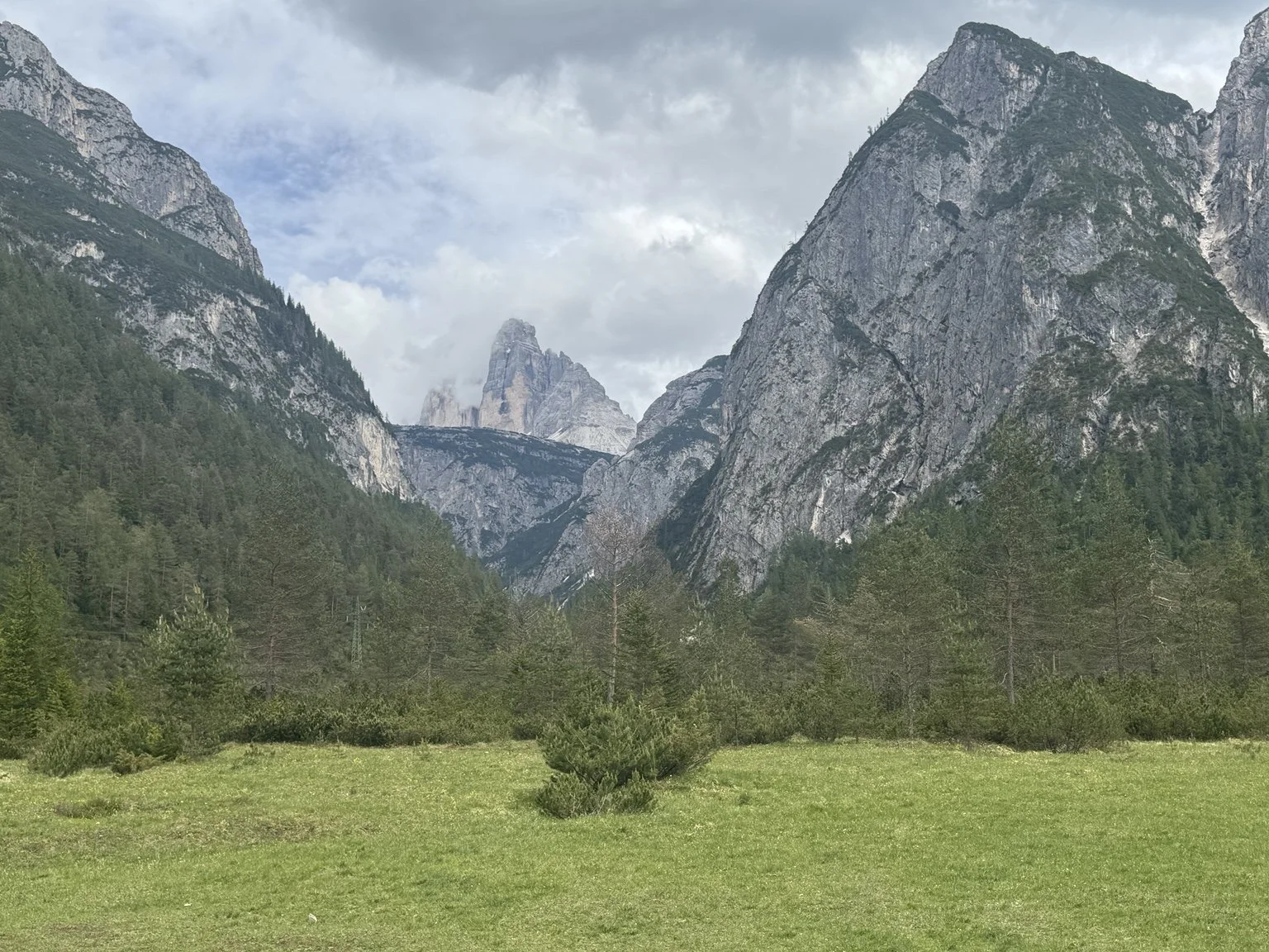 Tre Cime di Lavaredo visible through a forested Dolomite valley beneath cloudy skies.