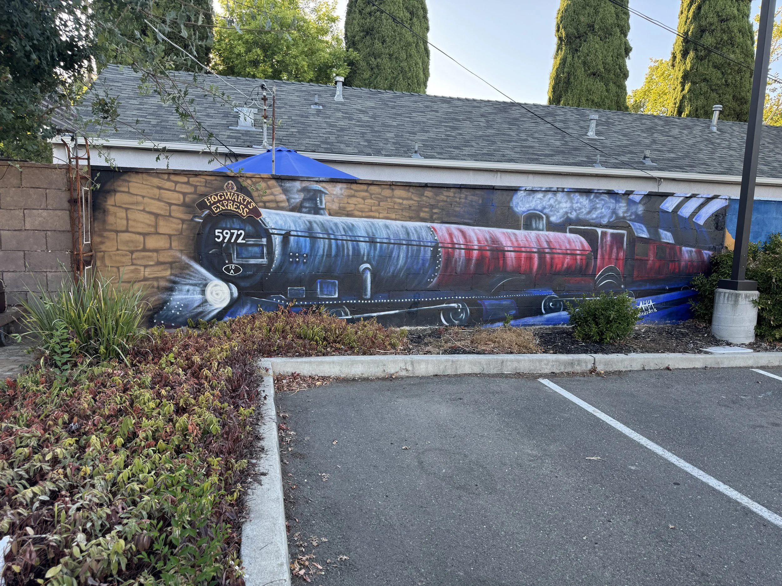 Hogwarts Express train mural painted along a wall in Sacramento’s Diagon Alley.