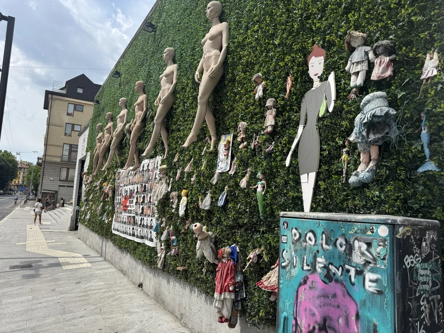 Doll Wall anti-violence memorial in Milan decorated with dolls and mannequins