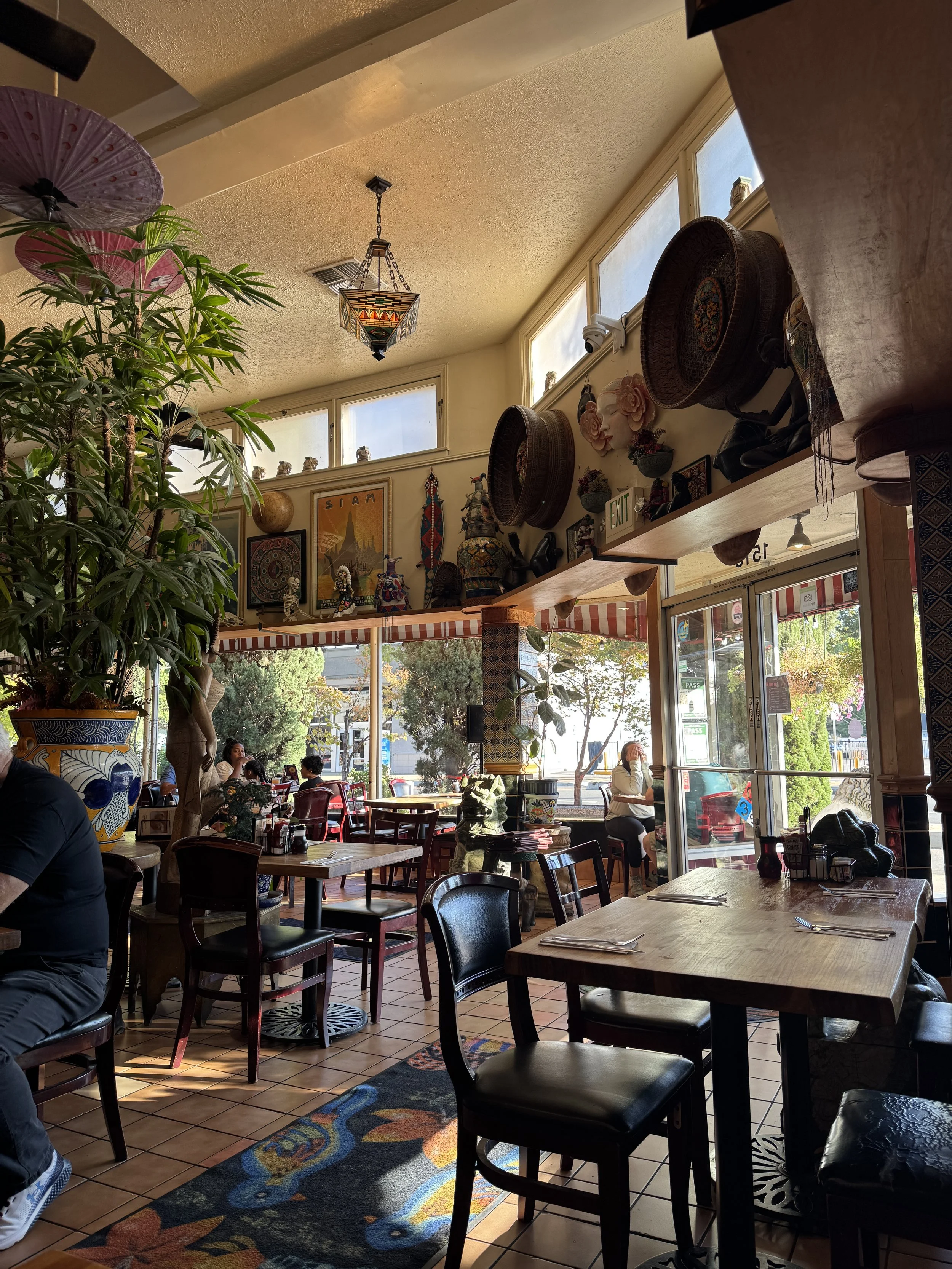 Eclectic Tower Café dining room filled with global décor, hanging lanterns, large plants, and colorful artwork in Sacramento.