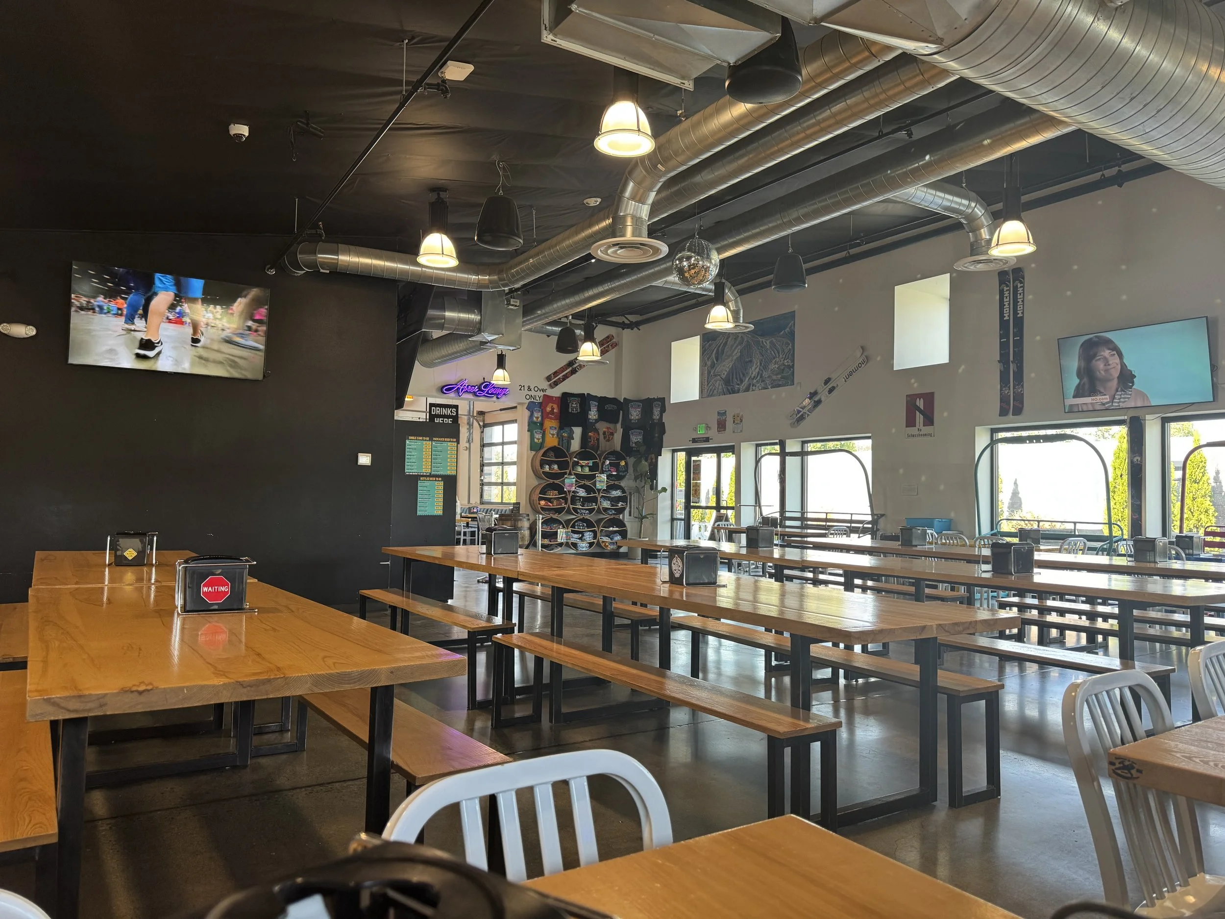 The ski-lodge-themed dining room and ski decor inside Schussboom Brewing Company in Carson City.