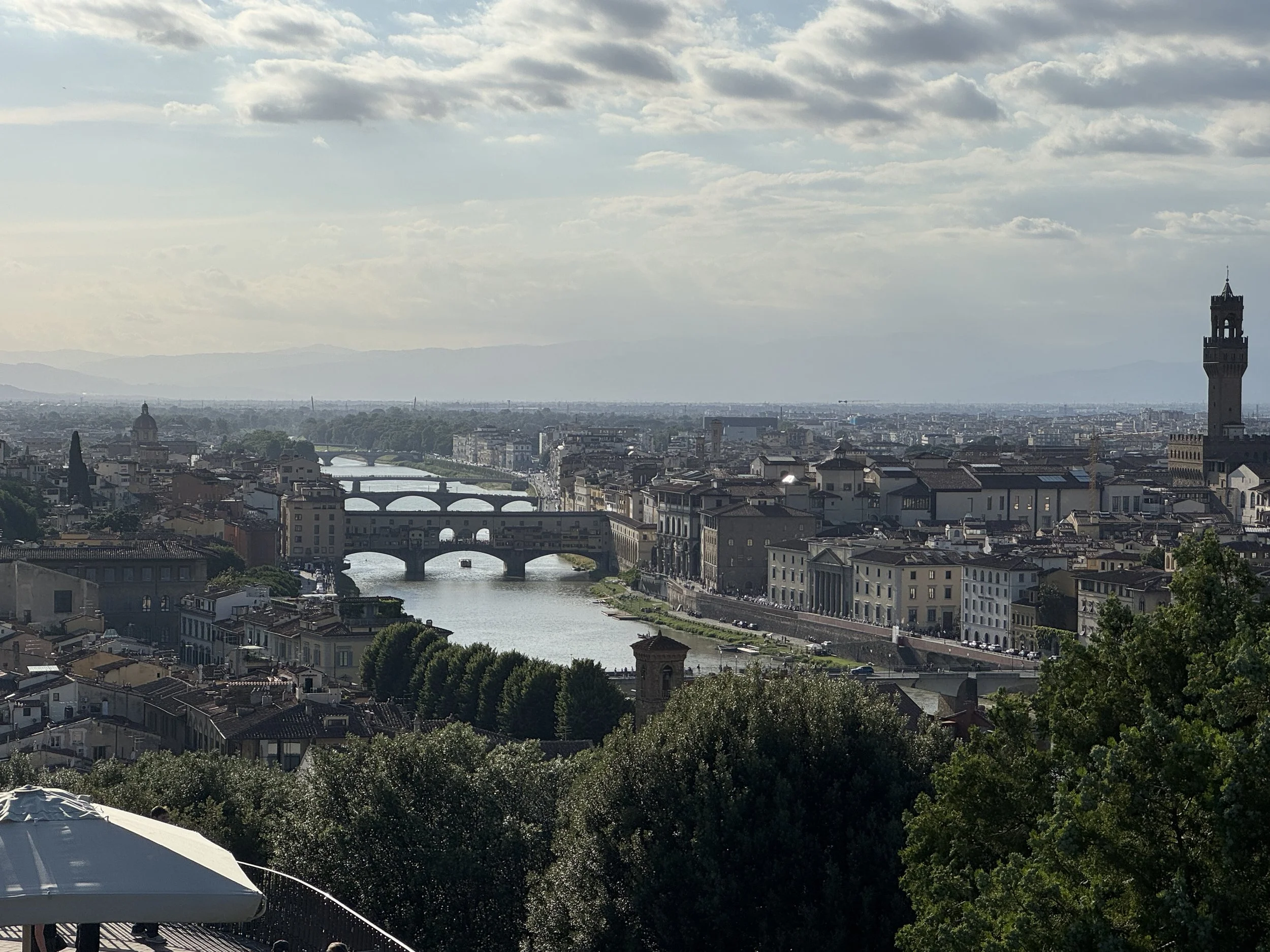 Panoramic view of the Arno River, Ponte Vecchio and Florence skyline from Piazzale Michelangelo.