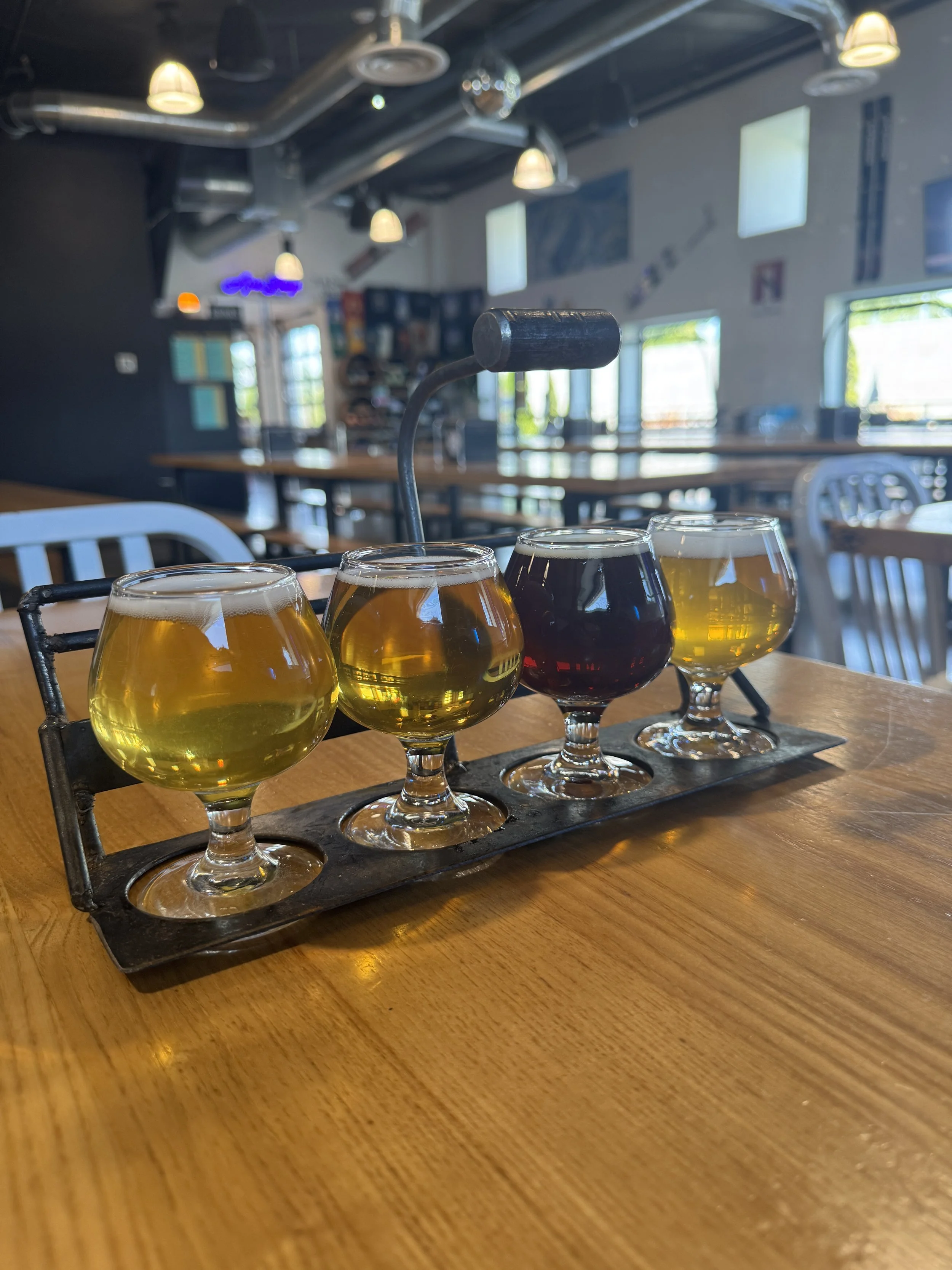 A flight of four craft beers served inside Schussboom Brewing Company in Carson City, Nevada.
