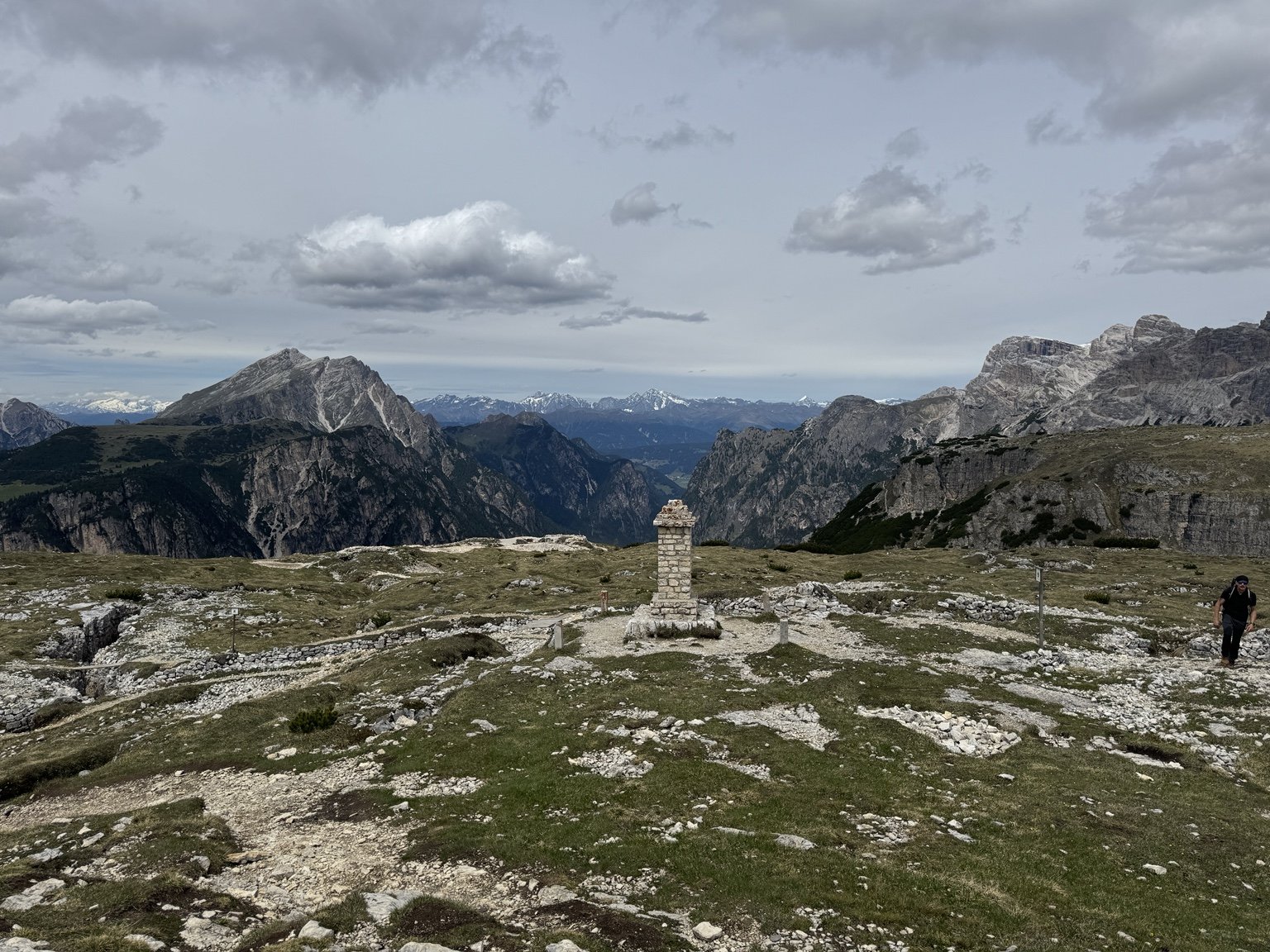 Monte Piana battlefield memorial and rocky plateau surrounded by mountain panoramas.