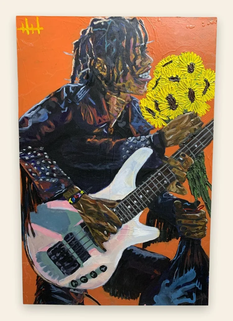 Painting of a bassist with sunflowers