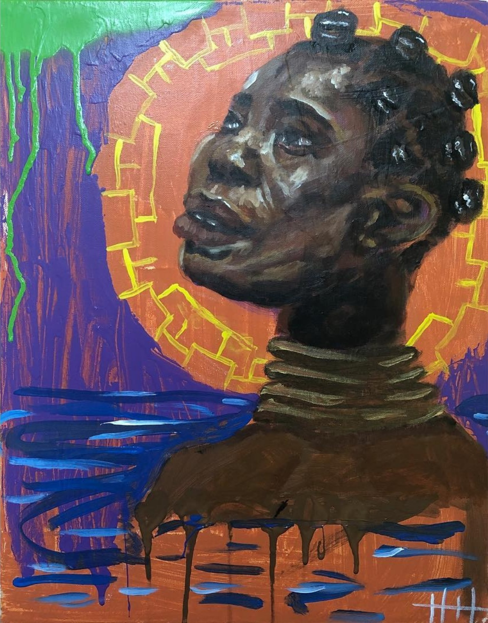 Portrait of a woman with bantu knots framed by an orange halo