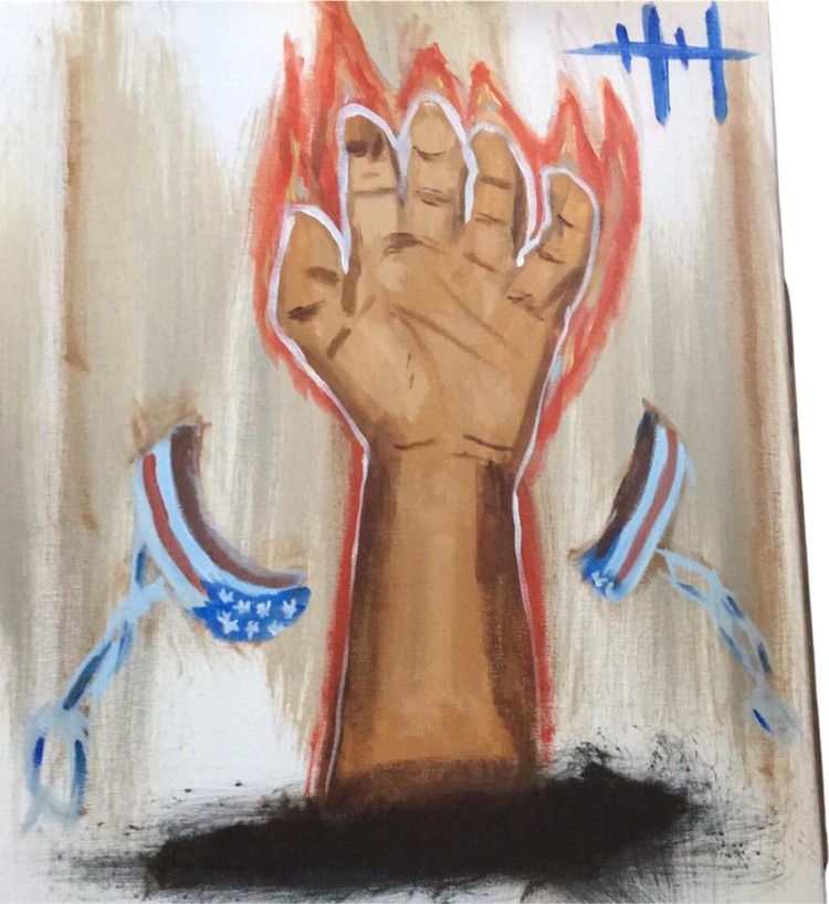 Painting of a hand rising out of flames