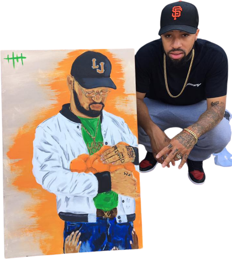 A commissioned portrait next to the person it portrays