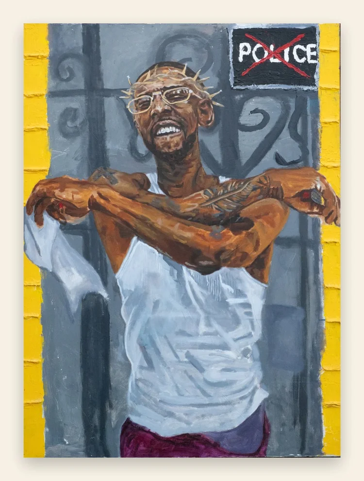 Painting of a man beneath a police sign