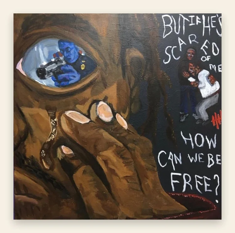 Painting of an eye and hands with the words How can we be free