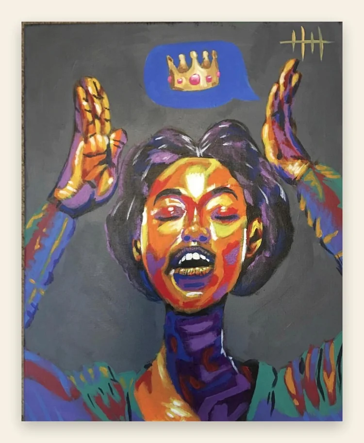 Painting of a woman with raised hands beneath a crown