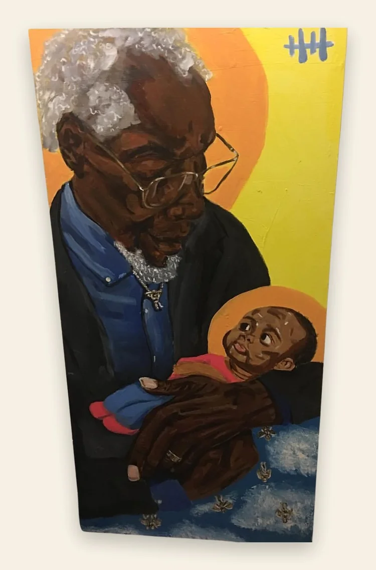 Painting of a grandfather holding a child