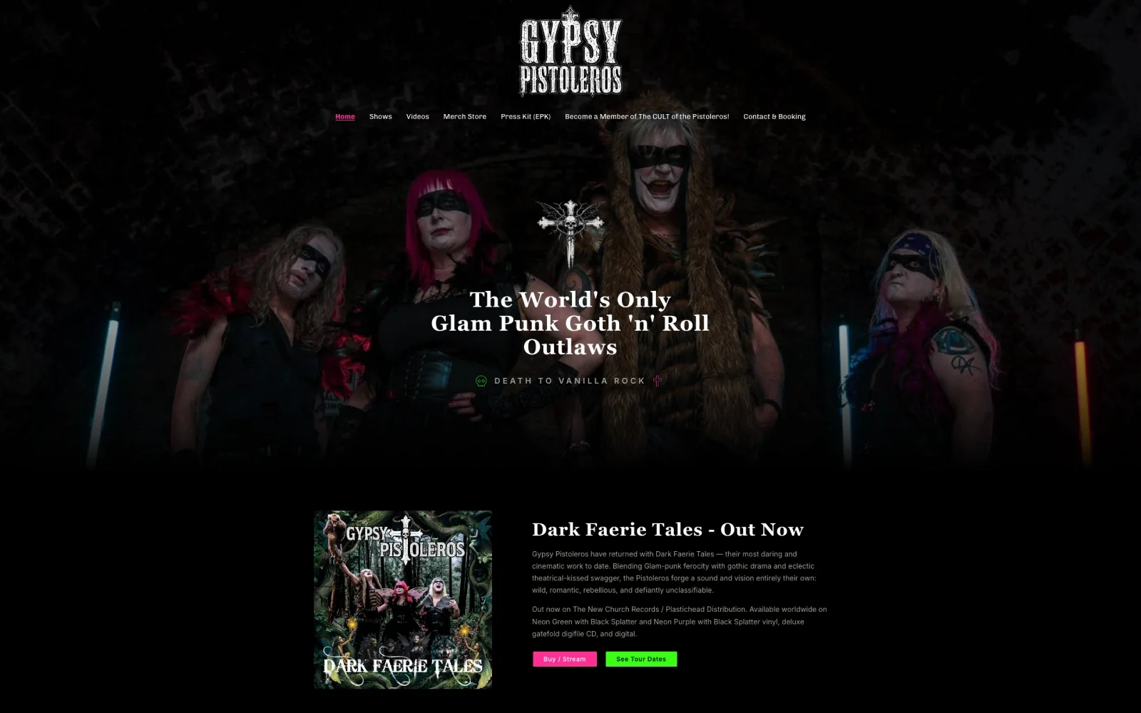Gypsy Pistoleros website homepage. Structural and design rebuild inside Bandzoogle by AUSTIN_SPACE, Worcester web designer