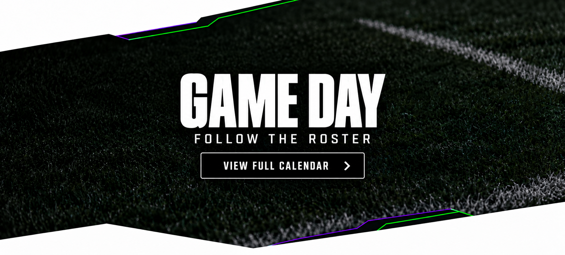 COTM Game Day calendar banner with turf background and angular divider edges