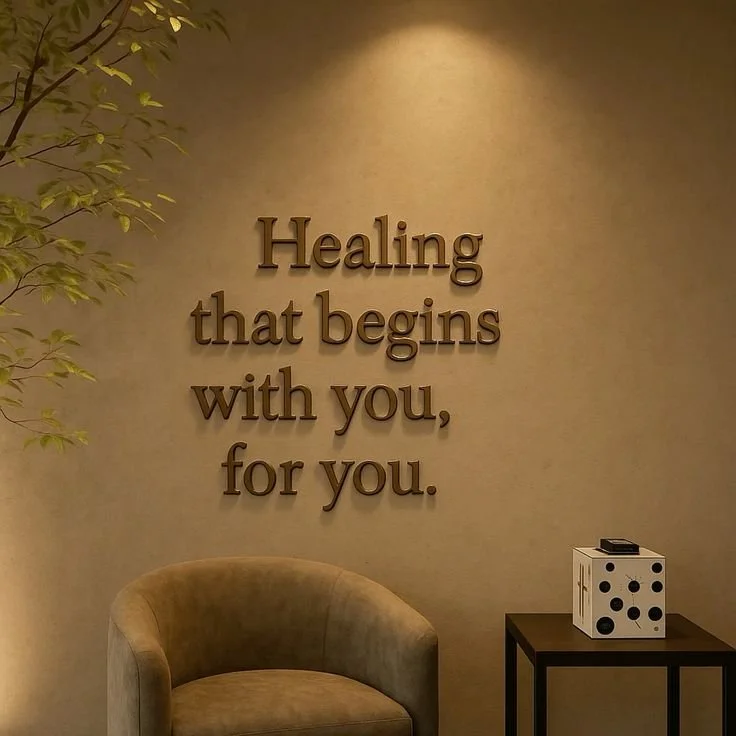 Calm therapy space with a chair and wall lettering reading Healing that begins with you, for you