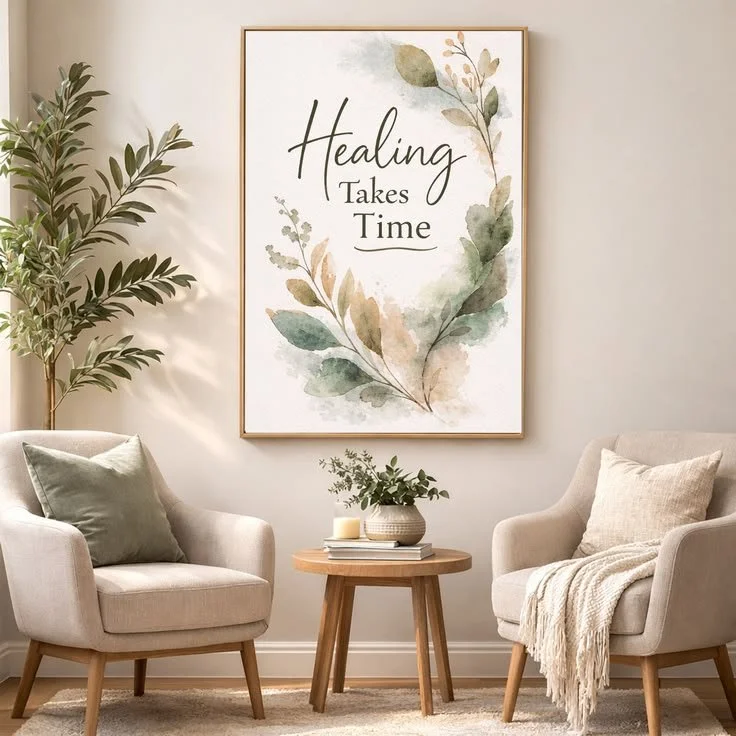 Two armchairs facing each other beneath a framed print reading Healing Takes Time