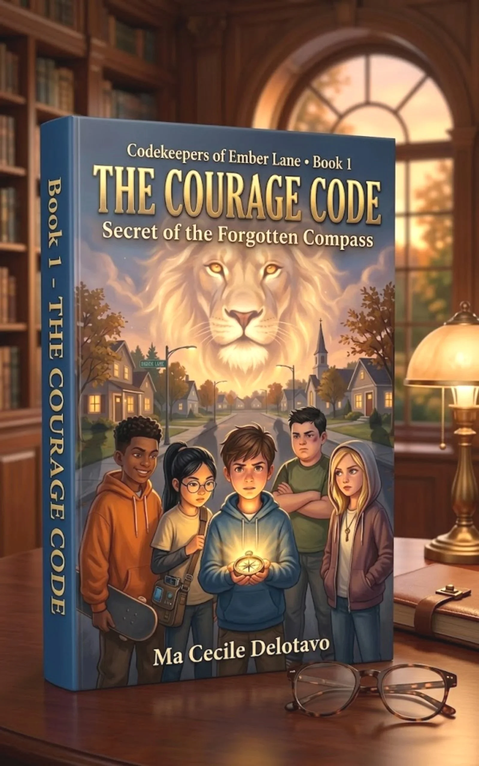 The Courage Code: Secret of the Forgotten Compass - 3D book mockup showing five kids holding a glowing compass with a golden lion watching from the sky