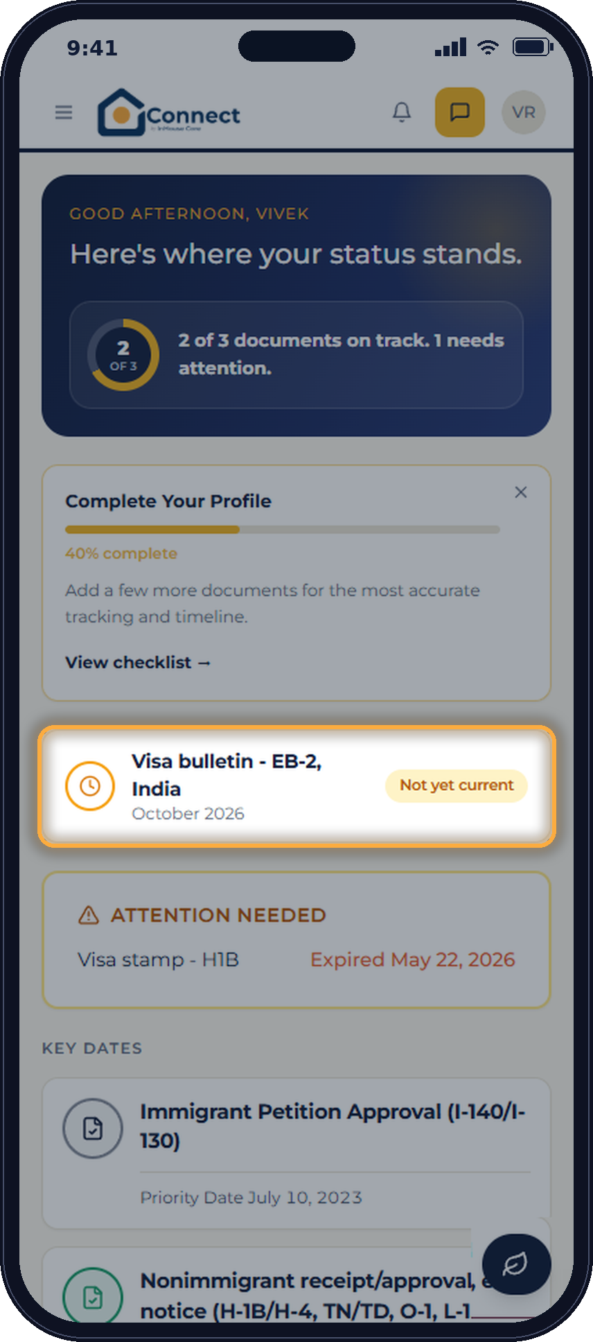 Connect by InHouse Core on a phone, with the Visa Bulletin card highlighted, showing an EB-2 India status of Not yet current