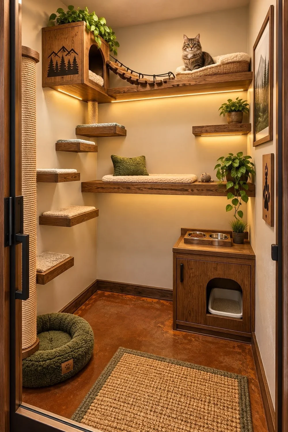 VIP cat condo with climbing shelves, bedding, litter box and feeding station in Spring, TX