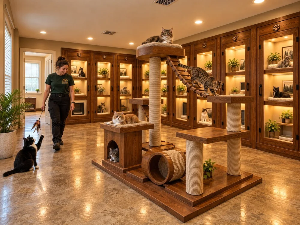 Concept rendering of the cat play room at Barks & Wildlife Retreat in Spring, TX