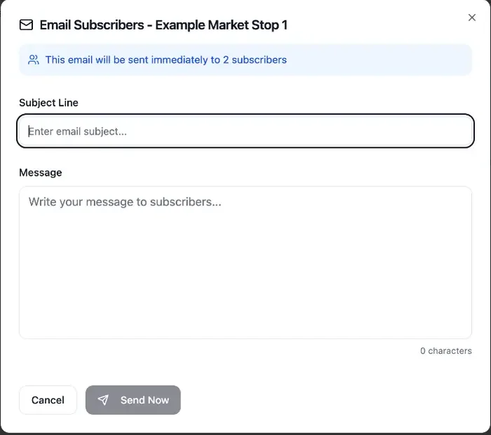 The Email Subscribers window for a market stop on the Farmers' Truck Map