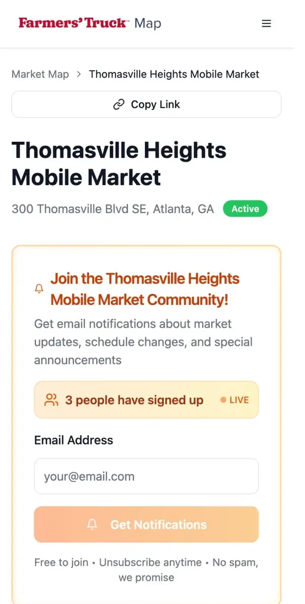 A stop page on the Farmers' Truck Map on a phone, with an email sign-up