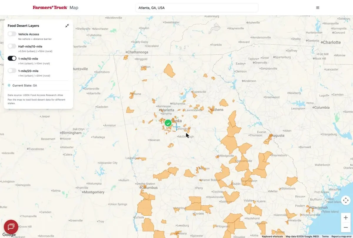 Farmers' Truck Map showing low food access census tracts around Atlanta with a mobile market stop