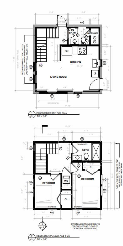 Proposed first and second floor plans for the ADU: living room, kitchen, half bath and mechanical on the first floor; two bedrooms and a full bath above
