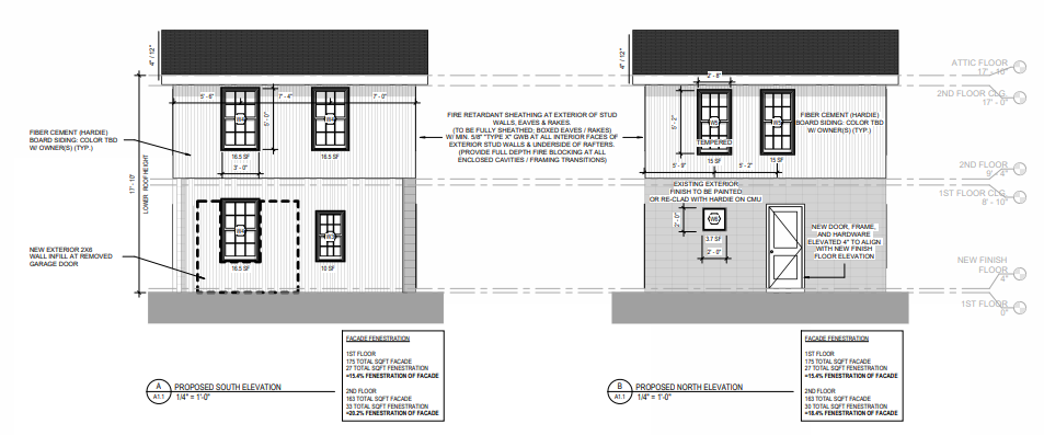Proposed north and south elevation drawings for the ADU showing Hardie siding, window layout and the infilled garage-door opening