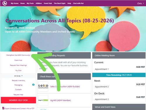ABM Event Hub showing the Strengthen the ABM Community link in the left-hand navigation.