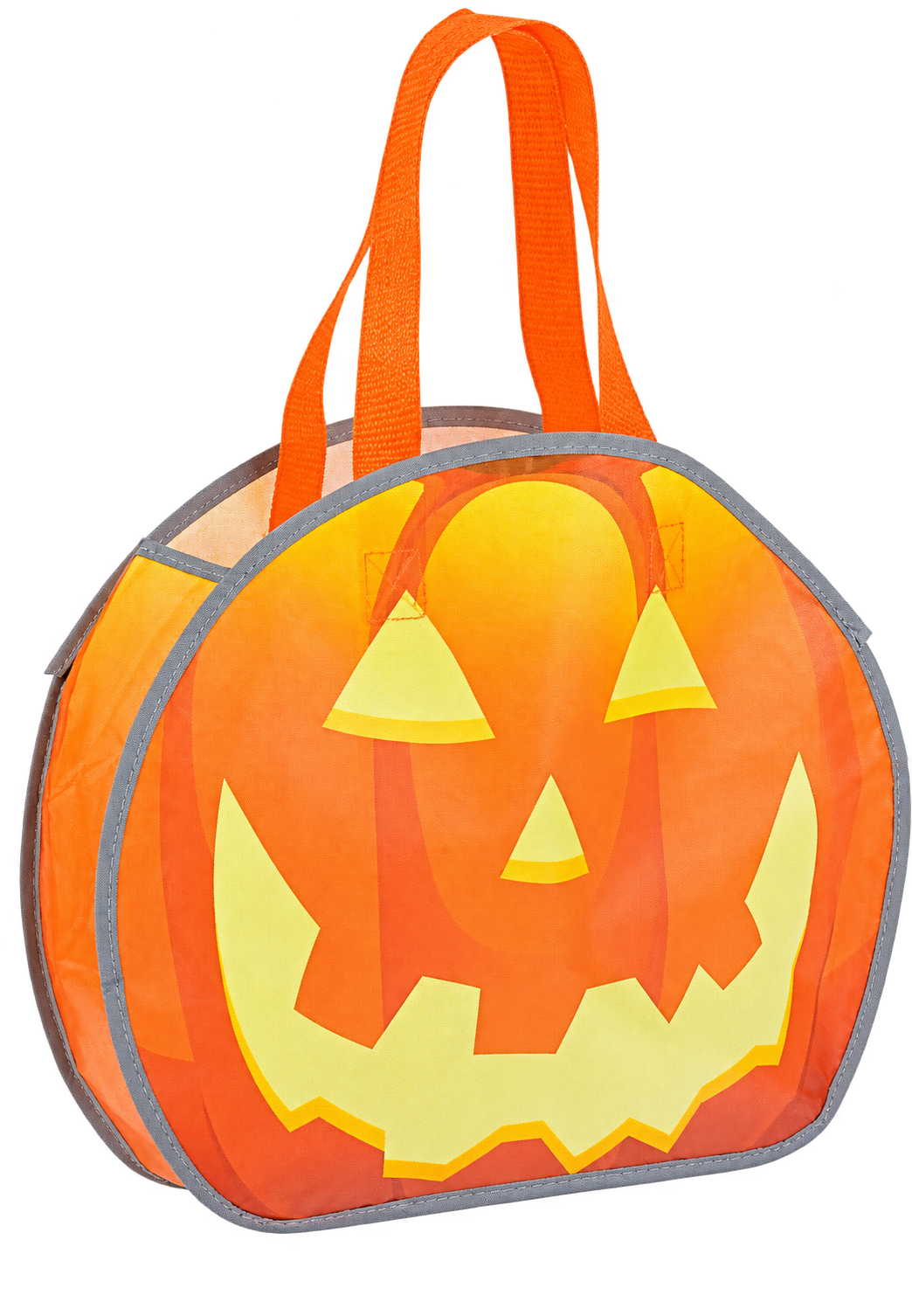 Orange Halloween trick-or-treat tote shaped like a jack-o’-lantern