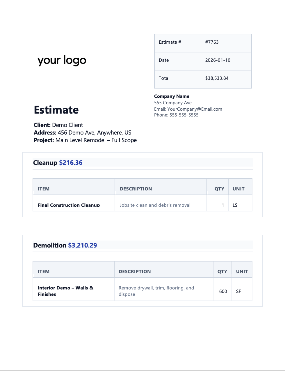 Client View Estimate preview