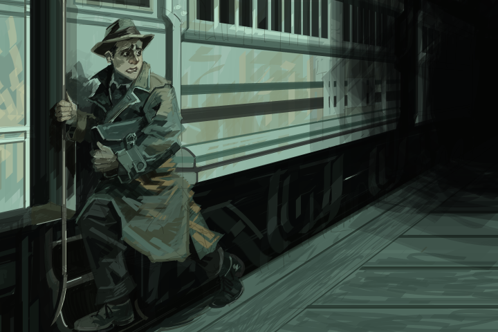 Nervous man in a trenchcoat boarding a train at night while covertly gripping his bag.