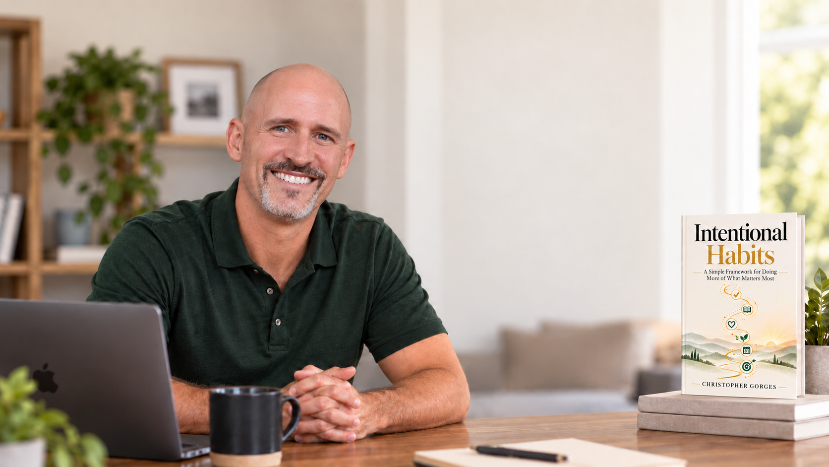 Chris Gorges smiling at a desk in a warmly lit room, with the new Intentional Habits book standing beside him