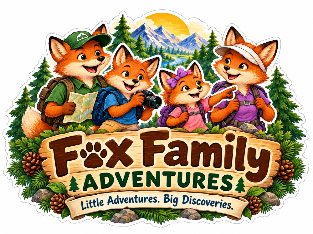 The Fox family ready for an adventure, surrounded by mountains, trees, and a river