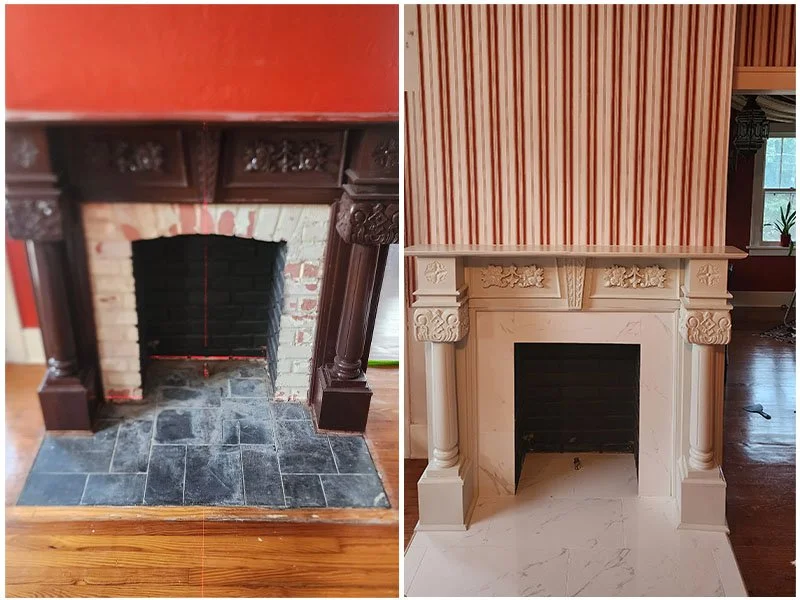 Handyman restoring brick and stone fireplace in Oklahoma